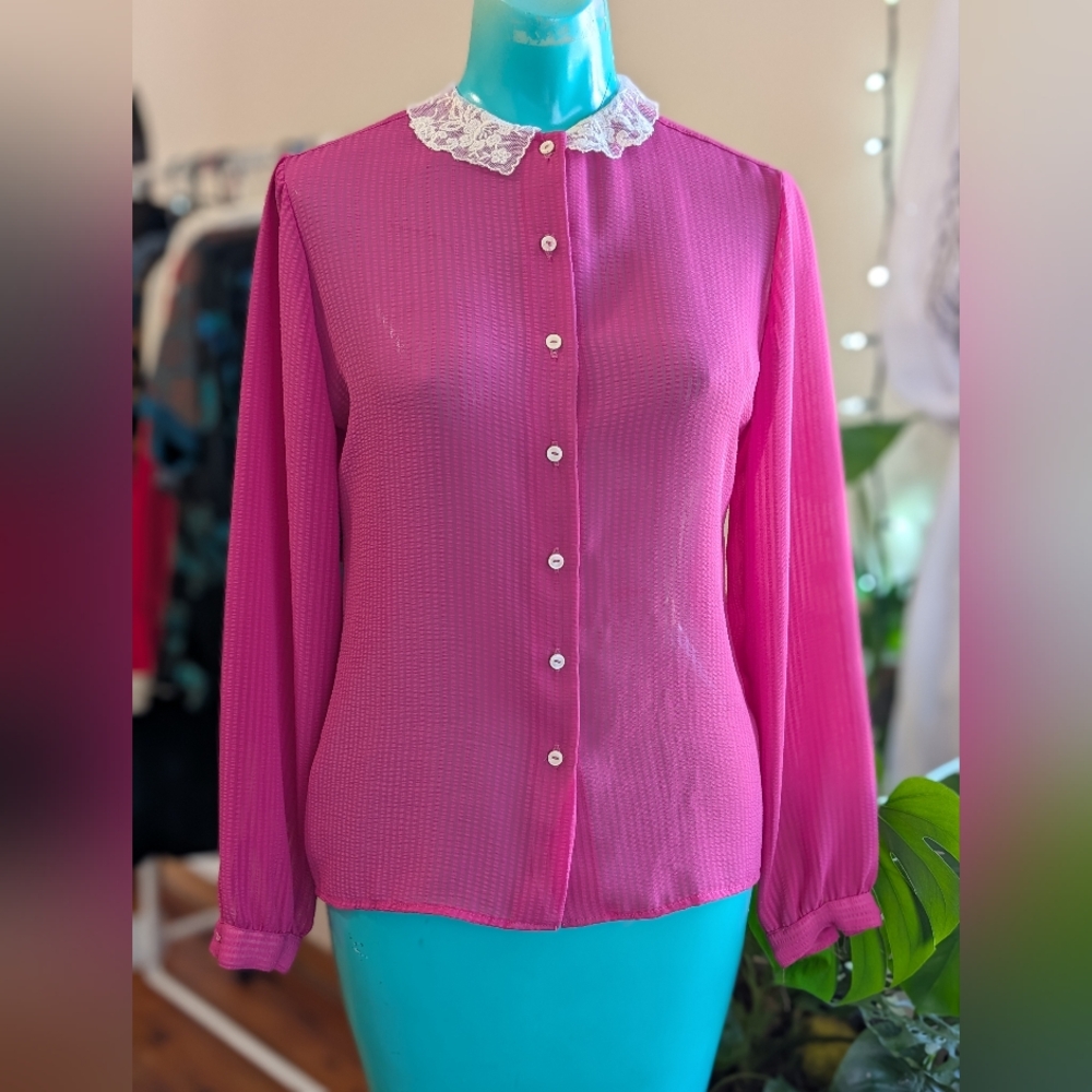 Vintage Sheer Pink Blouse with Lace Detail